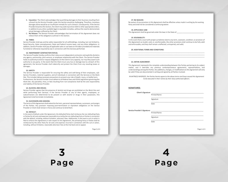 May include: A legal document titled "Service Provider Agreement" divided into two columns. The left column includes the text "Independent Contractor Status" and the right column includes the text "Entire Agreement".