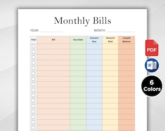 Bewerkbaar maandelijks factuurlogboek. Controlelijst voor factuurbetalingen. Afdrukbare Bill Pay Organizer. Budgetplanner. Checklist voor jaarlijkse facturen.