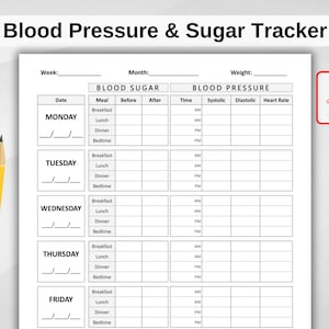 Könnte beinhalten: Druckbarer Blutdruck- und Blutzucker-Tracker. Der Tracker enthält Abschnitte zur Aufzeichnung von Blutdruck, Blutzuckerspiegel und Gewicht. Er enthält auch Abschnitte zur Aufzeichnung von Mahlzeiten und Tageszeit.