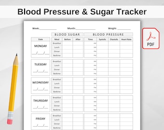 Afdrukbaar bloedsuiker- en bloeddruktracker. Dagelijks bloeddruklogboek. Wekelijks bloedsuikerlogboek. Diabetes controleren. Bloeddrukniveaus