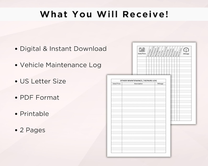 May include: A printable vehicle maintenance log in PDF format. The log includes sections for date, time, mileage, and description of maintenance or repairs. The log is designed for US Letter size paper and includes two pages.