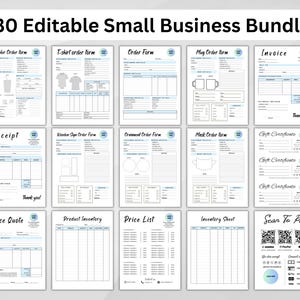 May include: A set of 30 printable templates for small businesses. The templates include order forms, invoices, receipts, gift certificates, price lists, inventory sheets, and scan to pay options. The templates are designed in a modern style with a blue and white color scheme.