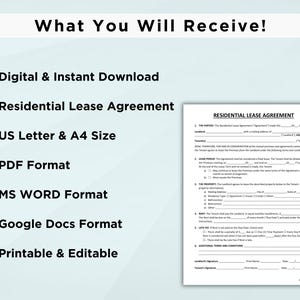 May include: A digital download of a printable and editable residential lease agreement in PDF, Word, and Google Docs formats. The document is available in US Letter and A4 sizes.