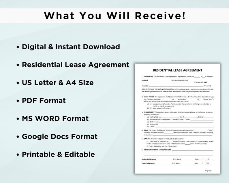 May include: A digital download of a printable and editable residential lease agreement in PDF, Word, and Google Docs formats. The document is available in US Letter and A4 sizes.