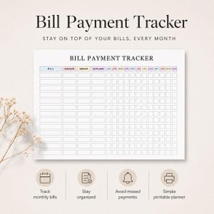 May include: A white bill payment tracker printable planner sheet with black text and colourful headers. The grid includes columns for bill name, due date, amount, auto-paid status, and twelve months. Icons for a calendar, document, bell, and printer are below.