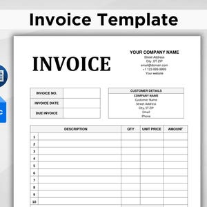 Editable Invoice Template. Custom Invoice. Printable Invoice Form. Billing Template. Services Invoice Small Business. Google Docs & Word.