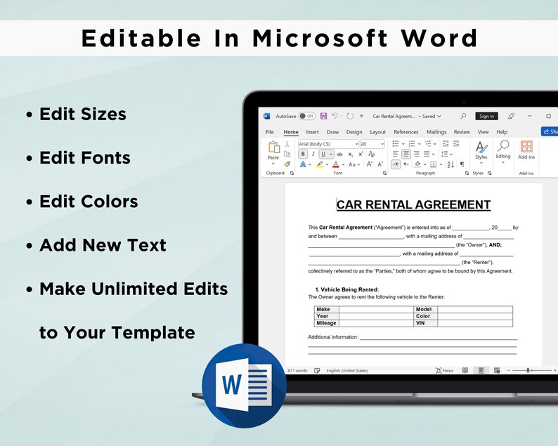 Car Rental Agreement Templates. Car Rental Contract. Printable Vehicle ...