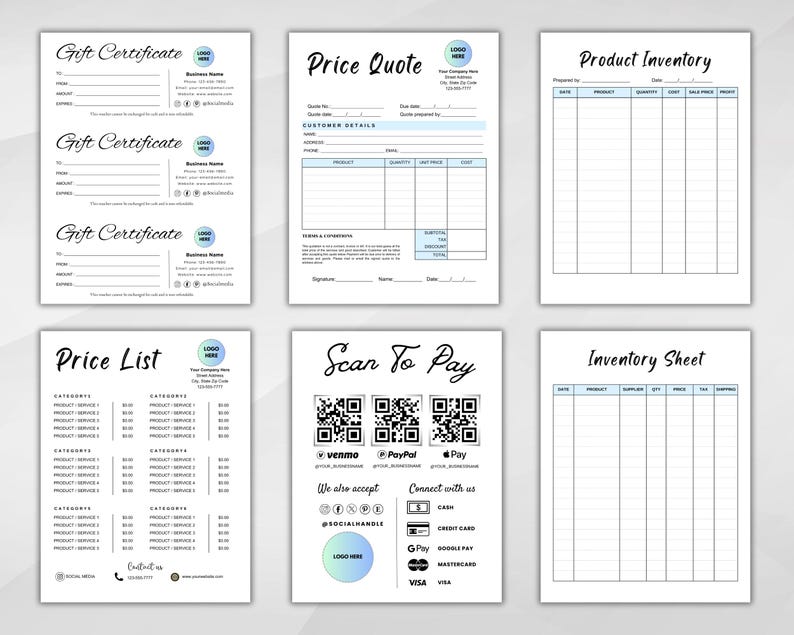 May include: A set of printable business templates in black and white with blue accents. The templates include a gift certificate, price quote, product inventory, price list, scan to pay, and inventory sheet.