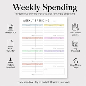 Printbare PDF met wekelijkse uitgavenregistratie, budgetplanner, aankoopoverzicht en onkostenlogboek.
