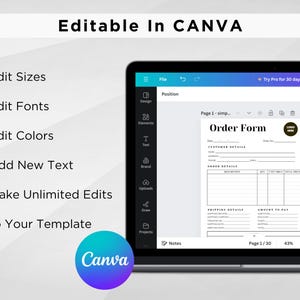 Puede incluir: Una captura de pantalla de una plantilla de dise&ntilde;o de Canva para un formulario de pedido. El formulario incluye secciones para los detalles del cliente, los detalles del pedido, los detalles de env&iacute;o y el importe a pagar. La plantilla es editable y se puede personalizar con diferentes fuentes, colores y tama&ntilde;os.