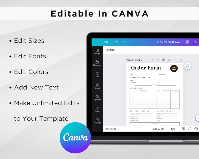 Puede incluir: Una captura de pantalla de una plantilla de dise&ntilde;o de Canva para un formulario de pedido. El formulario incluye secciones para los detalles del cliente, los detalles del pedido, los detalles de env&iacute;o y el importe a pagar. La plantilla es editable y se puede personalizar con diferentes fuentes, colores y tama&ntilde;os.