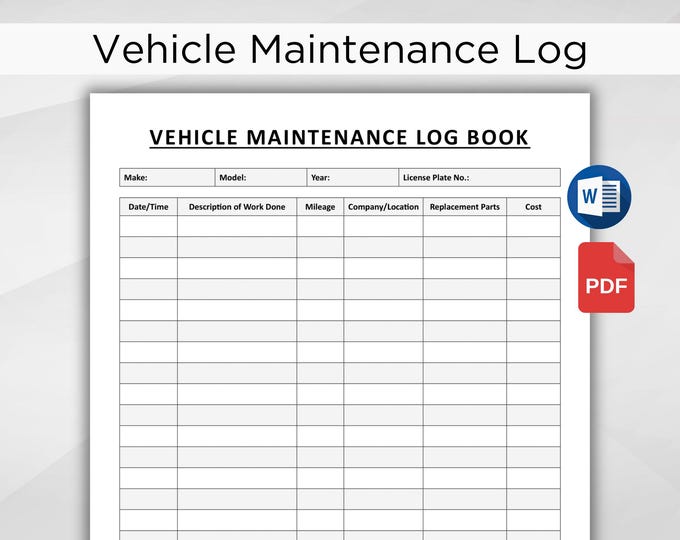 Vehicle Maintenance Log Printable PDF, Repair & Service Record for Cars ...