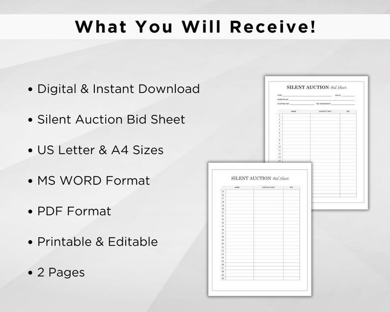 Silent Auction Bid Sheet. Silent Auction Sign-up Sheet. Silent Auction Template Printable ...