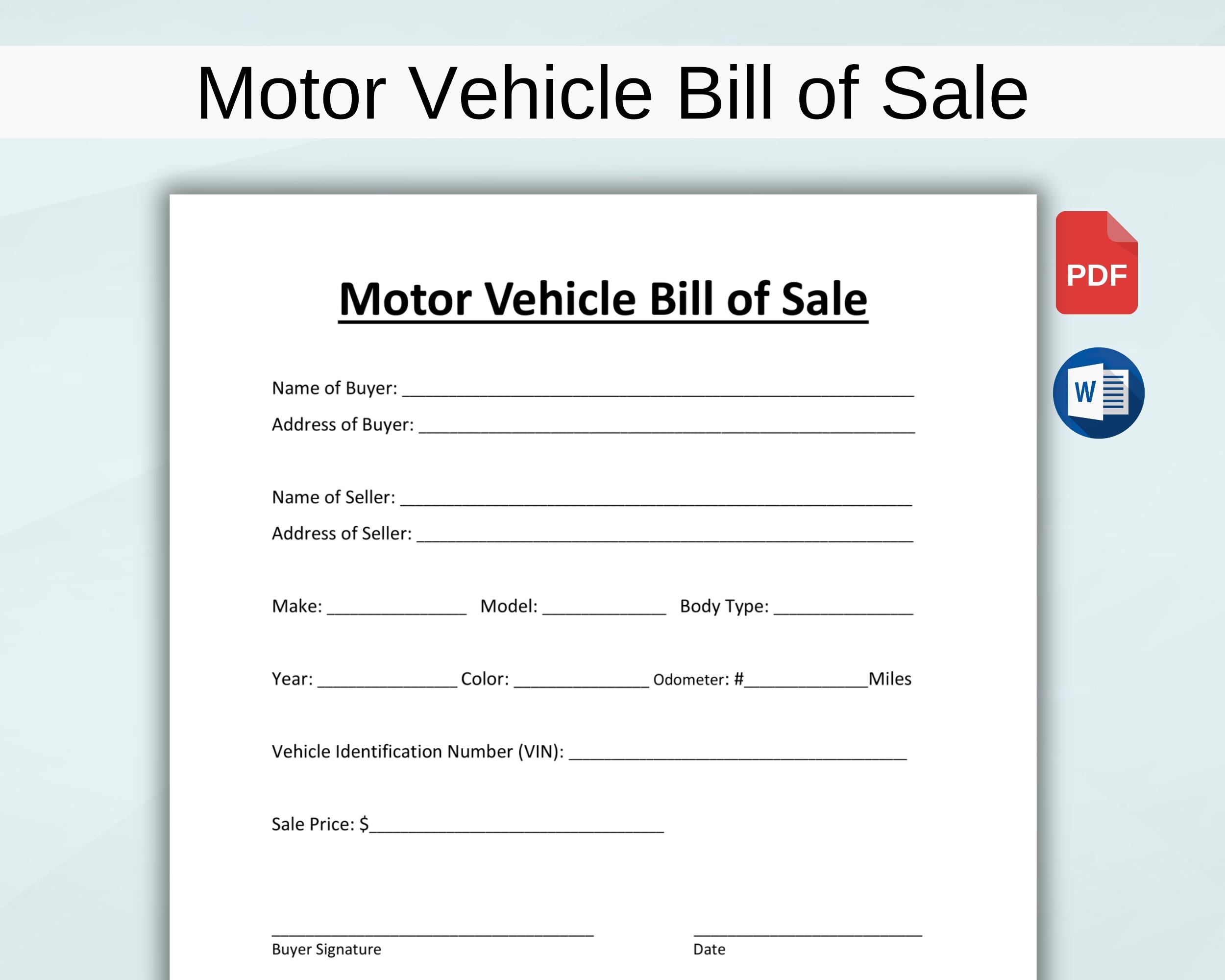 Motor Vehicle Bill of Sale. Printable Car Sale form. Bill of Sale Form Agreement. Auto Bill of Sale. Editable WORD & PDF. Instant Download