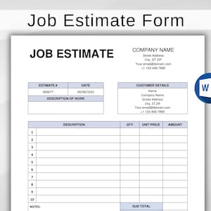 Job Estimate Template Printable. Estimate Form For Small Business. Editable Job Proposal Templates. Contractor Estimate. Instant Download