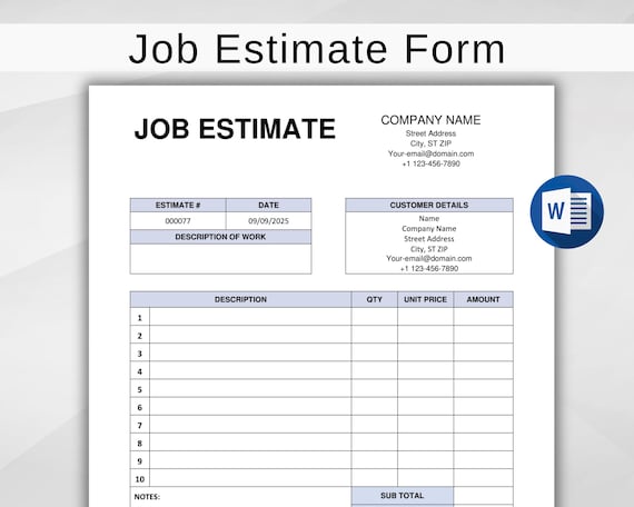 Job Estimate Template Printable. Estimate Form For Small Business. Editable Job Proposal Templates. Contractor Estimate. Instant Download
