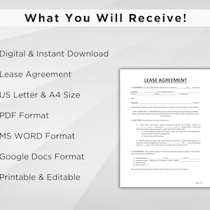 K&ouml;nnte beinhalten: Ein wei&szlig;es Dokument mit dem Titel "LEASE AGREEMENT" wird angezeigt, mit Aufz&auml;hlungspunkten, die "Digital & Instant Download", "Lease Agreement", "US Letter & A4 Size", "PDF Format", "MS WORD Format", "Google Docs Format" und "Printable & Editable" auflisten.