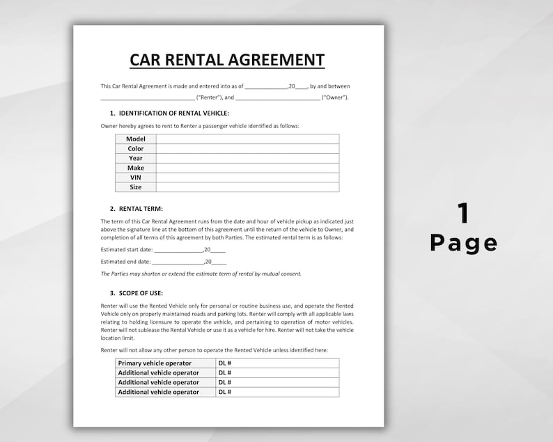 Editable Car Rental Agreement Template. Car Rental Contract. Printable ...