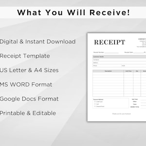 May include: A black and white receipt template in US Letter and A4 sizes. The template includes fields for customer details, description, unit price, quantity, amount, payment method, sub-total, tax, and grand total. The template is printable and editable in MS Word and Google Docs formats.
