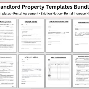 Op de afbeelding: Een set van acht printbare sjablonen voor verhuurders, waaronder een kamerhuurcontract, een ontruimingskennisgeving, een kennisgeving van verlenging van de huurovereenkomst, een kennisgeving van huurverhoging, een residentieel huurcontract, een kennisgeving van te late huur en een huurbetalingsregister.