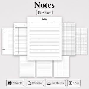 Może przedstawiać: Zestaw 8 stron do druku w formacie US Letter, zawierający różne układy, w tym papier w linie z nagłówkami tematu i daty, papier w kratkę oraz papier w kropki. Kolekcja zawiera czarno-białe szablony cyfrowe do uporządkowanego pisania notatek.
