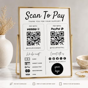 Może przedstawiać: Złota ramka ze znakiem na białym tle z czarnym napisem Scan To Pay, Thank You For Your Support, zawierająca dwa kody QR dla Venmo i PayPal, ikony płatności gotówką, kartą kredytową, Google Pay, Mastercard, Visa oraz ikony mediów społecznościowych.