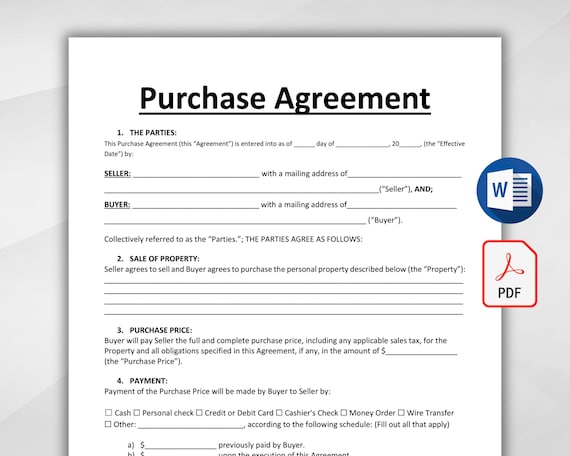 Printable Purchase Agreement Template. Editable Purchase and Sale Contract. Contract of Sales. Property Purchase agreement. PDF & MS Word