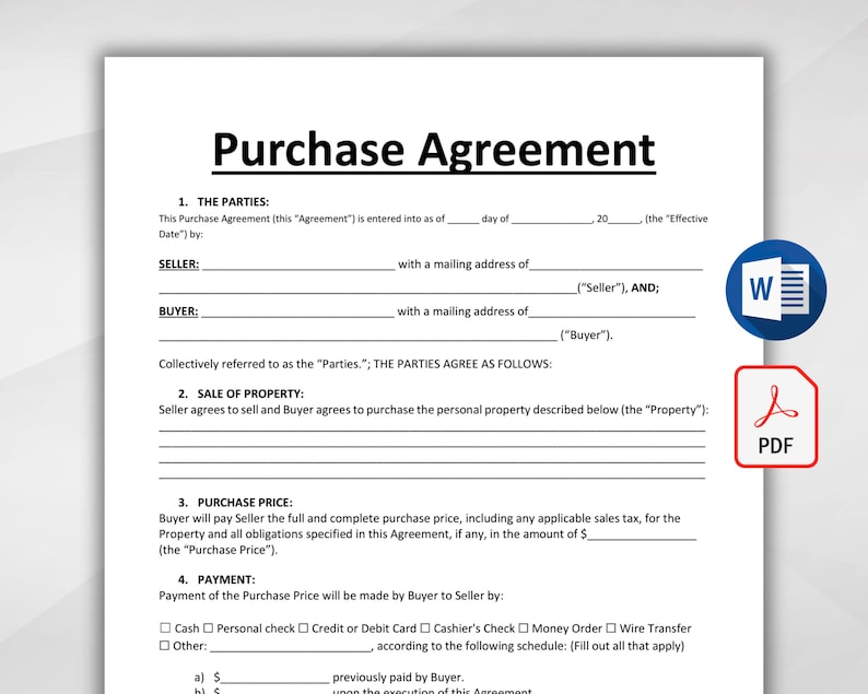 Pode incluir: Um formul&aacute;rio de acordo de compra imprim&iacute;vel em preto e branco com o t&iacute;tulo "Purchase Agreement" no topo. O formul&aacute;rio inclui se&ccedil;&otilde;es para as partes envolvidas, a venda da propriedade, o pre&ccedil;o de compra e o pagamento.