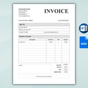 Peut inclure: Un mod&egrave;le de facture vierge avec le titre "INVOICE" en haut. Le mod&egrave;le comprend des champs pour les informations du client, les produits ou services, le prix unitaire, la quantit&eacute;, le montant, le sous-total, la r&eacute;duction, les taxes et le total g&eacute;n&eacute;ral. Le num&eacute;ro de facture est #AE001 et la date est le 04/07/2025.