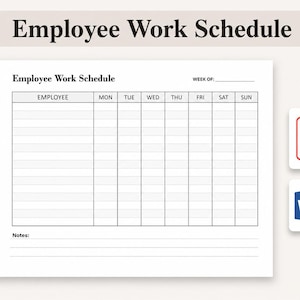 Può includere: Un modello stampabile di programma di lavoro per dipendenti su sfondo bianco, con una griglia per i nomi e i giorni della settimana da lunedì a domenica. Include una sezione per le note e icone per file PDF in rosso e Word in blu.