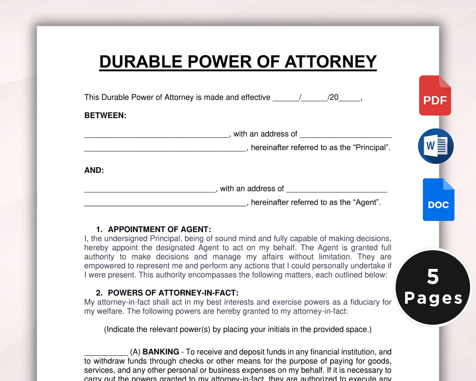 Printable Durable Power of Attorney Template. Durable Power of Attorney