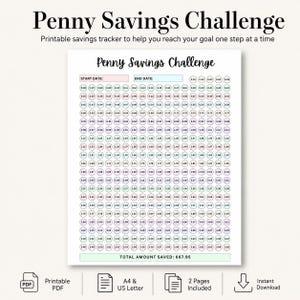 Puede incluir: Un rastreador de ahorros Penny Savings Challenge imprimible con una cuadrícula de círculos numerados del 0,01 al 3,65. El documento incluye campos para fechas de inicio y fin, un total ahorrado de 667,95 y formatos A4 y US Letter.