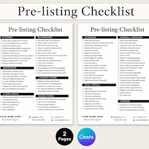 Pode incluir: Um documento de lista de verificação pré-listagem de duas páginas impresso em texto preto em papel branco. O layout inclui seções categorizadas para cozinha, quartos, sala de estar, banheiros, lavanderia, sala de jantar e garagem.