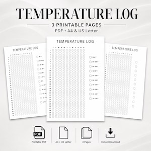 May include: Three white printable temperature log pages with black text. Each page features a grid for tracking daily temperatures across months, with columns for days 1-31 and rows for months J-D. Includes PDF, A4, and US Letter format labels.