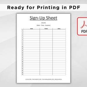 Editable Sign up Sheet Sign up Template Event Sign up Sheet