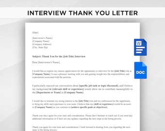 Interview Thank You Letter Template, Editable Follow Up Letter, Google Docs Word Instant Download