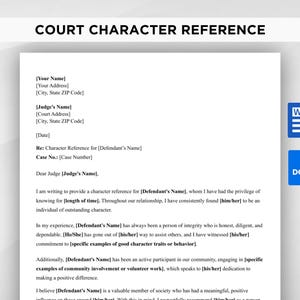 Op de afbeelding: Een digitaal documentsjabloon getiteld COURT CHARACTER REFERENCE met tijdelijke aanduidingen voor namen, adressen en zaakdetails. De tekst bevat een formele briefstructuur voor een karakterreferentie, vergezeld van blauwe Word- en DOC-pictogrammen.