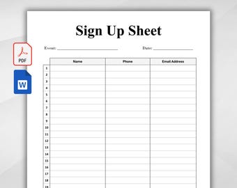 Editable Sign Up Sheet Word | Event Attendance Form | Volunteer Registration Template | Printable Mailing List PDF