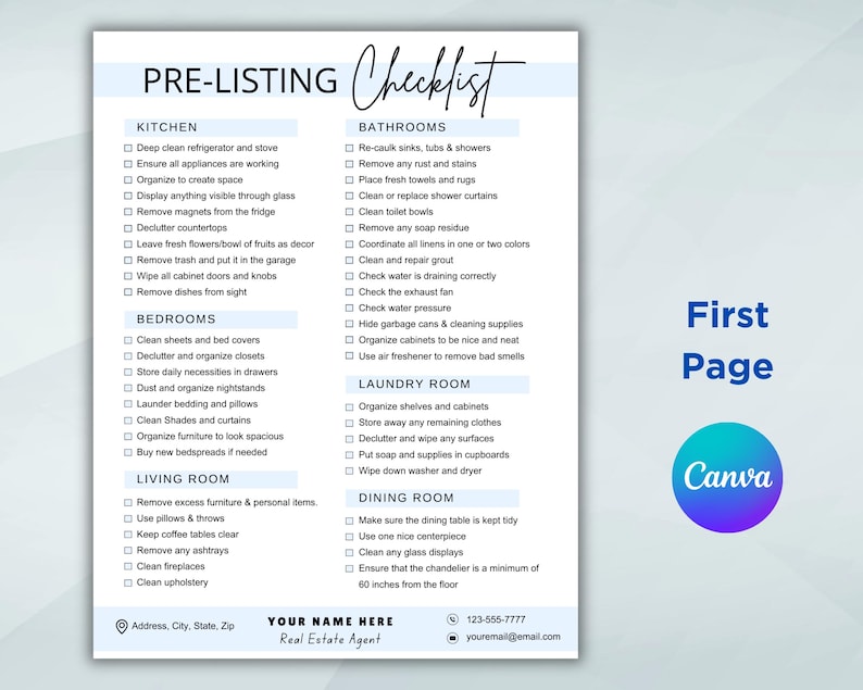May include: A pre-listing checklist for real estate agents, with sections for kitchen, bathrooms, bedrooms, living room, laundry room, and dining room. The checklist includes tasks such as deep cleaning, decluttering, and organising.
