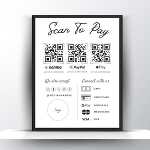 Skanuj, aby zapłacić kartą. Szablony znaków kodów QR. Skanuj, aby zapłacić, podpisz płatność do wydrukowania. Paypal, Venmo, CashApp Sign dla małych firm. Edytowalny Canva