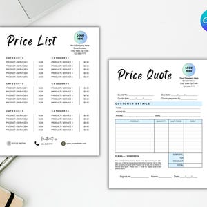 May include: A black and white price list template with the title "Price List" and a section for "Price Quote". The template includes sections for product categories, product names, prices, and customer details. The template is designed for businesses to create professional-looking price lists and quotes.