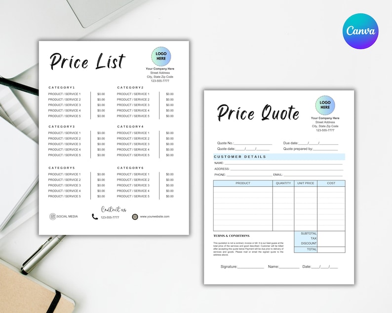May include: A black and white price list template with the title "Price List" and a section for "Price Quote". The template includes sections for product categories, product names, prices, and customer details. The template is designed for businesses to create professional-looking price lists and quotes.
