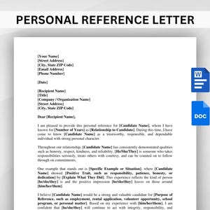 以下が含まれることがあります： 上部に「PERSONAL REFERENCE LETTER」というタイトルが記載された個人推薦状のデジタルテンプレート。連絡先情報、受取人の詳細、構成された本文のプレースホルダーが含まれています。2つの青いドキュメントアイコンが表示されています。