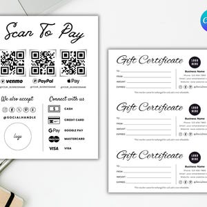 Puede incluir: C&oacute;digos QR en blanco y negro para escanear y pagar con Venmo, PayPal y Apple Pay. Una lista de m&eacute;todos de pago que incluyen efectivo, tarjeta de cr&eacute;dito, Google Pay, Mastercard y Visa. Tres plantillas de certificados de regalo con campos para "Para", "De", "Cantidad" y "Caduca".