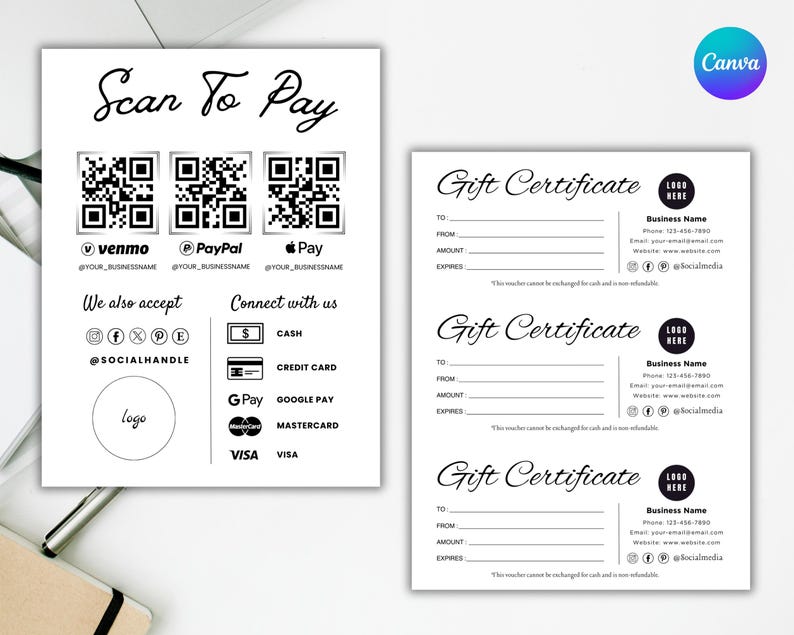Puede incluir: C&oacute;digos QR en blanco y negro para escanear y pagar con Venmo, PayPal y Apple Pay. Una lista de m&eacute;todos de pago que incluyen efectivo, tarjeta de cr&eacute;dito, Google Pay, Mastercard y Visa. Tres plantillas de certificados de regalo con campos para "Para", "De", "Cantidad" y "Caduca".