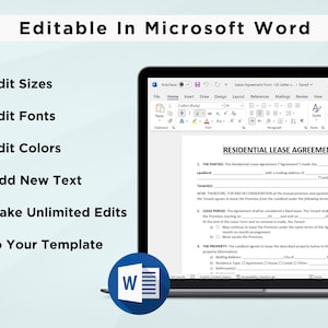 May include: A laptop computer screen displaying a Microsoft Word document with a residential lease agreement template. The document is editable and includes sections for landlord, tenant, lease period, and property information. The text "RESIDENTIAL LEASE AGREEMENT" is visible at the top of the document.