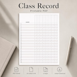 May include: A white printable Class Record PDF document featuring a grid layout with a column for names numbered 1 through 30 and multiple blank columns for tracking. The document includes text labels for Class Record, Printable PDF, US Letter & A4, 2 Pages, and Instant Download.