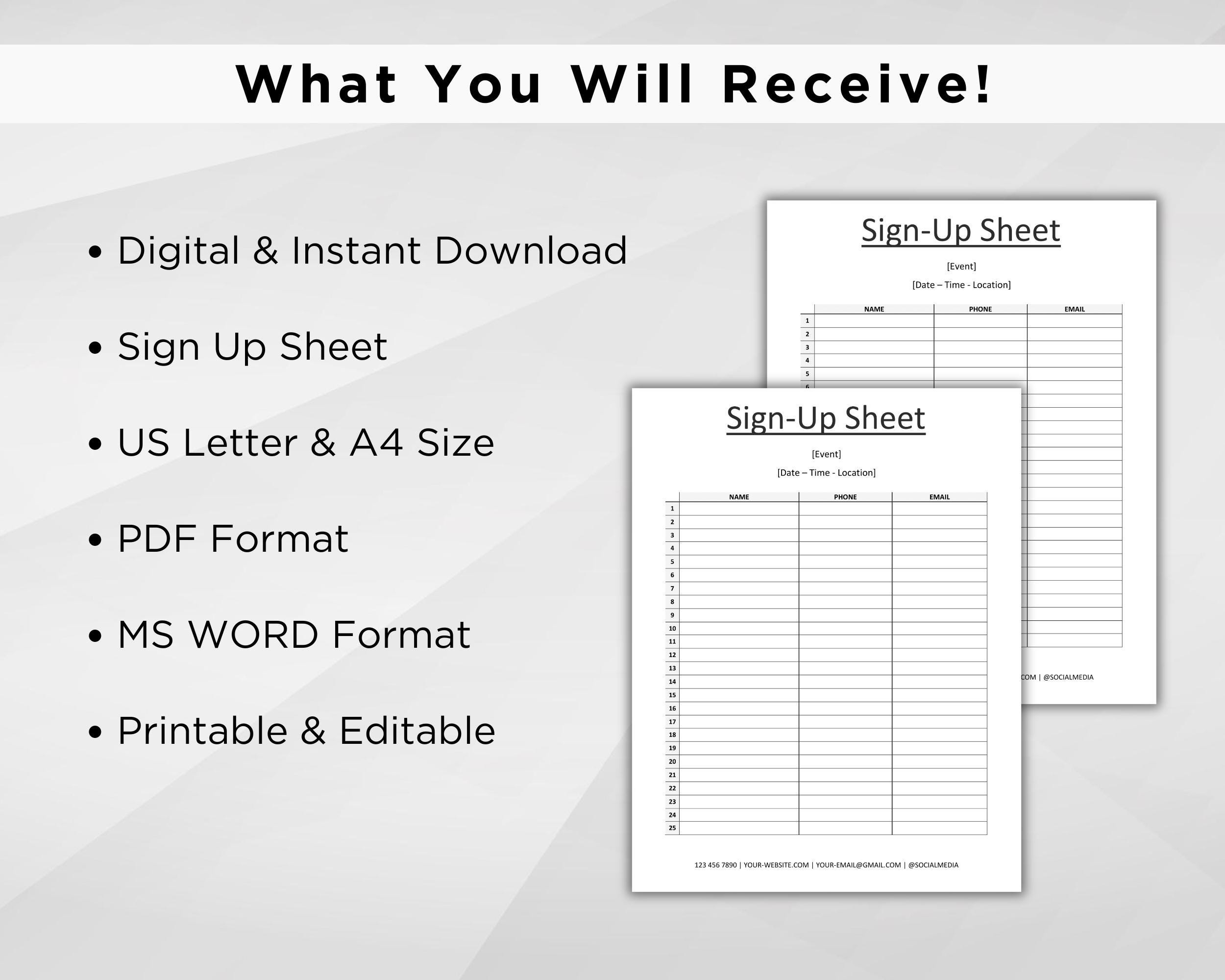 Editable Sign up Sheet. Sign up Template. Event Sign up Sheet