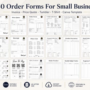 Puede incluir: Una colección de 30 formularios de pedido y seguimiento empresarial en blanco y negro, que incluye plantillas de factura, presupuesto e inventario. El texto dice 30 Order Forms For Small Business, Invoice, Price Quote, Tumbler, T-Shirt, Canva Template.