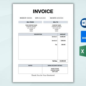May include: A blank invoice template with the title "Invoice" and fields for "Bill From", "Bill To", "Description", "Amount", "Total", "Notes", and "Bank Account Details".
